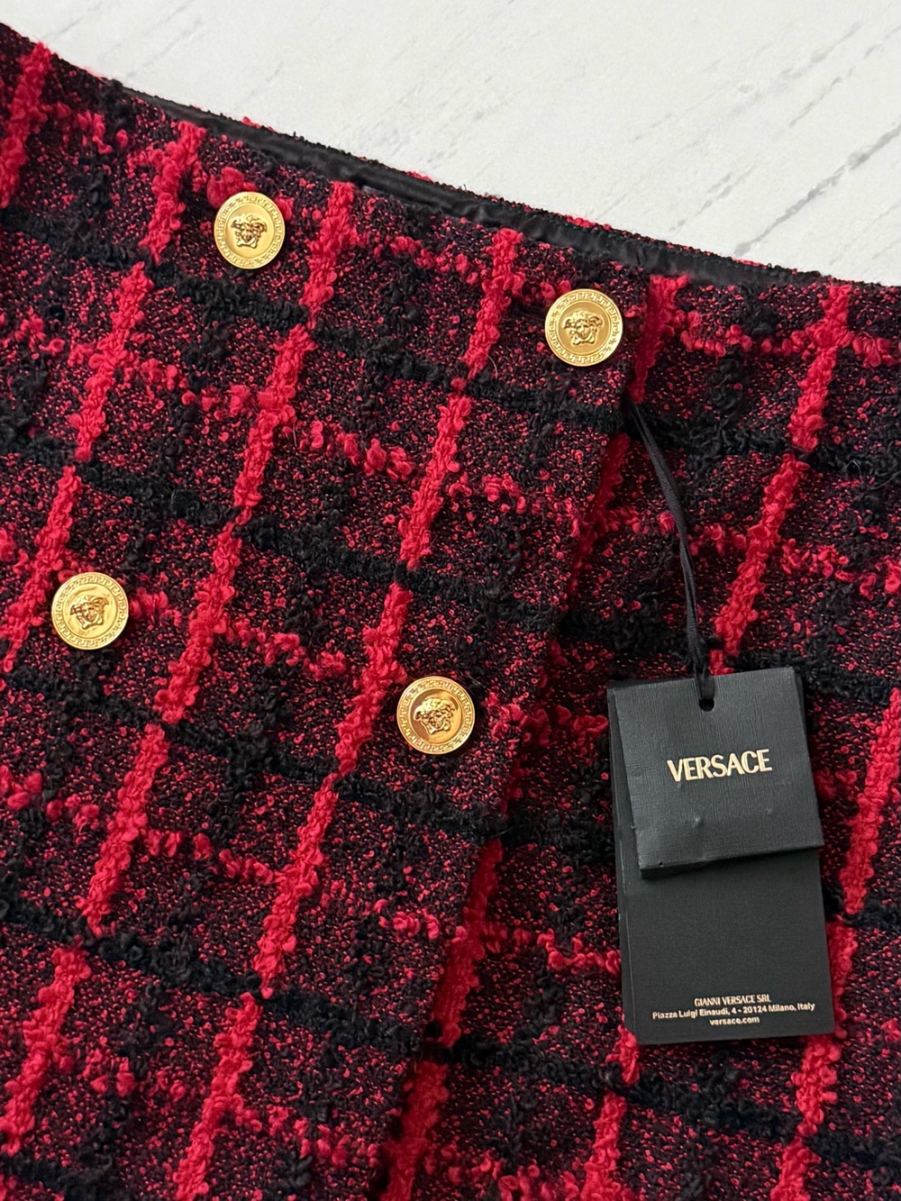 Versace Red and Black Plaid Tweed Mini Skirt with Gold Medusa Buttons - Picture 2 of 4